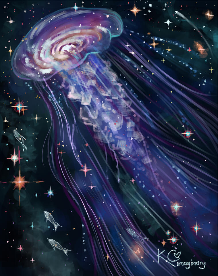Galactic Mother A painting of a huge jellyfish floating across a starry sky with a spiral galaxy cradled within its wide, transparent bell. Small fish made of stars “swim” alongside it. The jellyfish’s arms contain more stars and one unfortunate fish has been caught by th