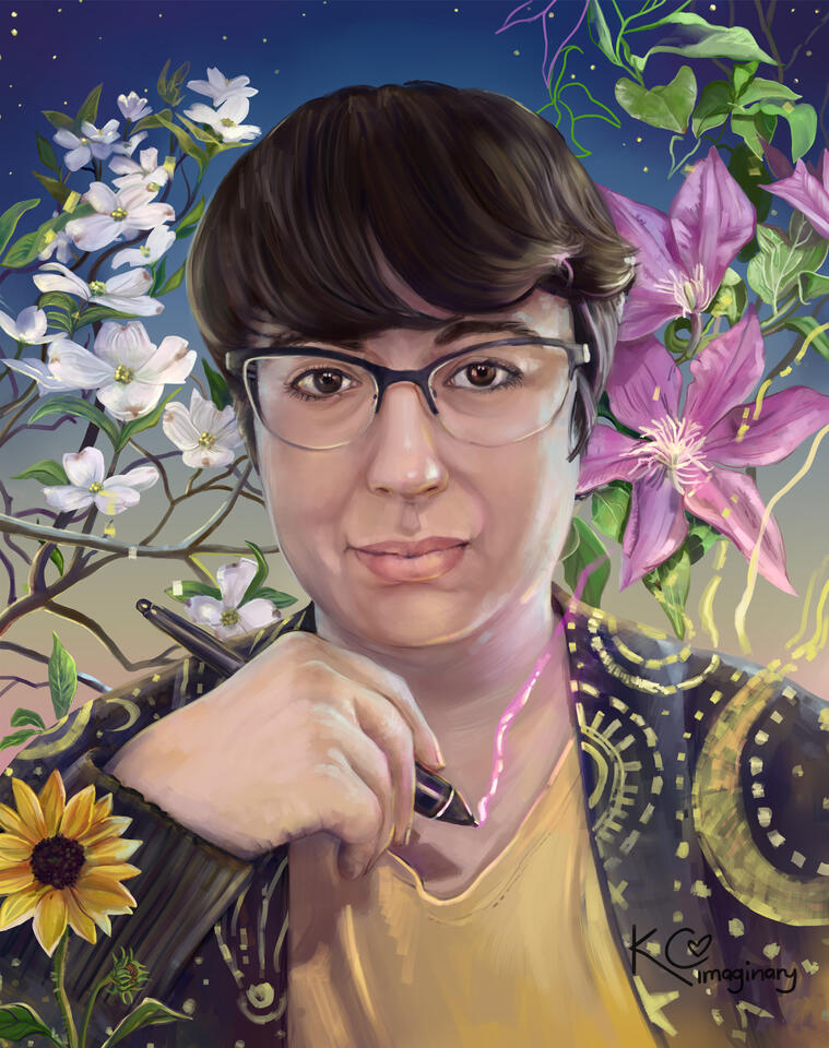 A self-portrait of the artist, KCimaginary. She has a short, dark brown pixie haircut with bangs that sweep to the right, wears cat’s eye eyeglasses with dark navy frames, and has brown eyes and a light pink complexion. In her uplifted right hand, she hold