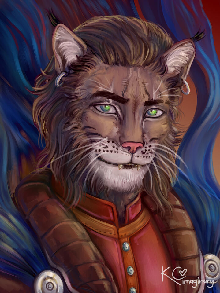 A portrait of a male tabaxi. He is modeled after a lynx, with tufted ear, long sideburns, and a white muzzle. He has light green eyes, a smirk on his face, and wears the attire of a roguish noble. His bright blue cape swirls and undulates behind him.