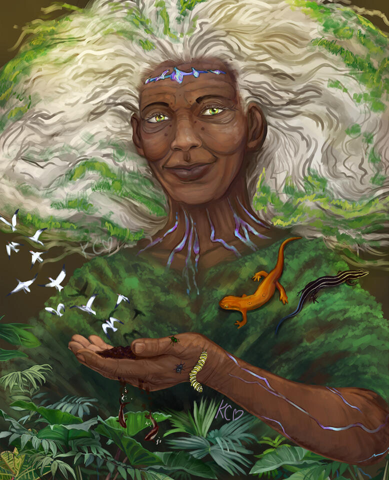 A painting of a dark-skinned, white-haired woman surrounded by plant and animal life. She has opalescent veins and a crown.