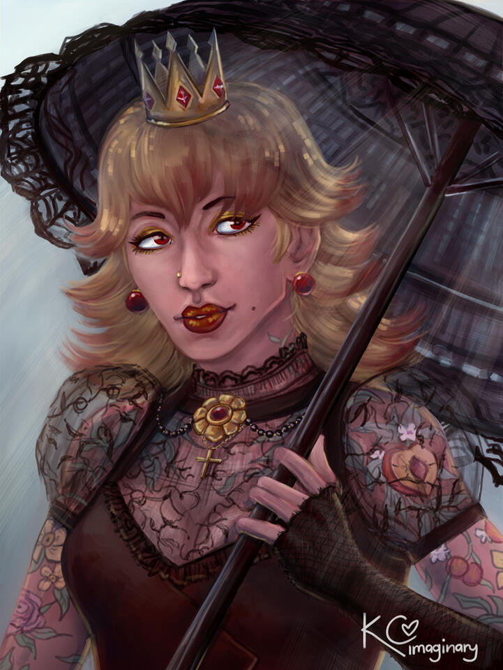 A portrait of Princess Peach holding a black lace parasol, wearing a matching black, lacy top which shows off her tattoos, which extend from her collarbone to her shoulders and down her arms. The tattoos depict peach fruit, flowers, and other flora.