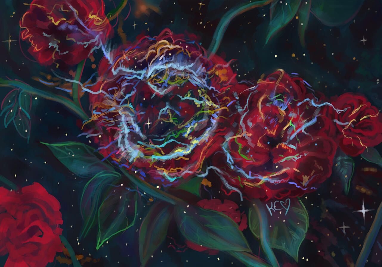 A painting of a climbing red rose plant which blends into a starry sky. A nebula is superimposed over and emanates from the center-most rose, and bright ribbons of blue, yellow, and yellow-green extend from the nebula to the other roses.