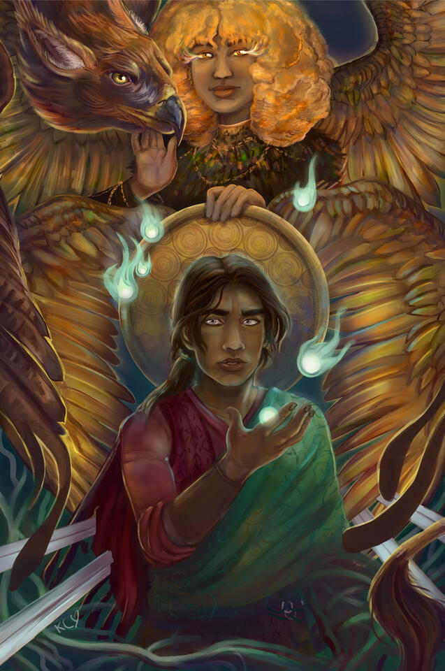 Haloed Wings A painting of a young man with brown skin and dark brown hair. He is framed by an ethereal, golden-winged figure.