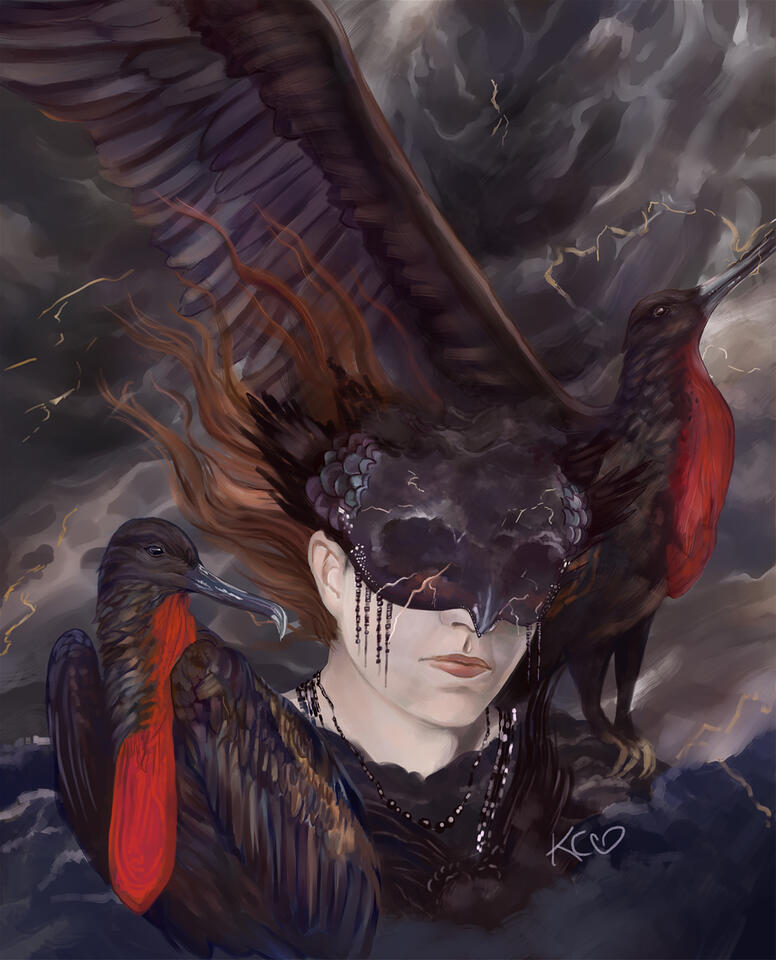 A painting of a pale masked figure surrounded by thunderclouds and accompanied by two frigate birds. Their mask is winged and contains thunderclouds and lightning.