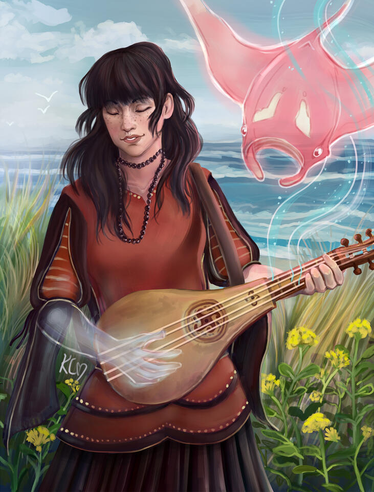 A painting of a light-skinned, black-haired woman wearing a red and black dress. She is a magic-user who is playing a gittern (a predecessor of the guitar) and is accompanied by her familiar, a floating manta ray which is a soft pink color.