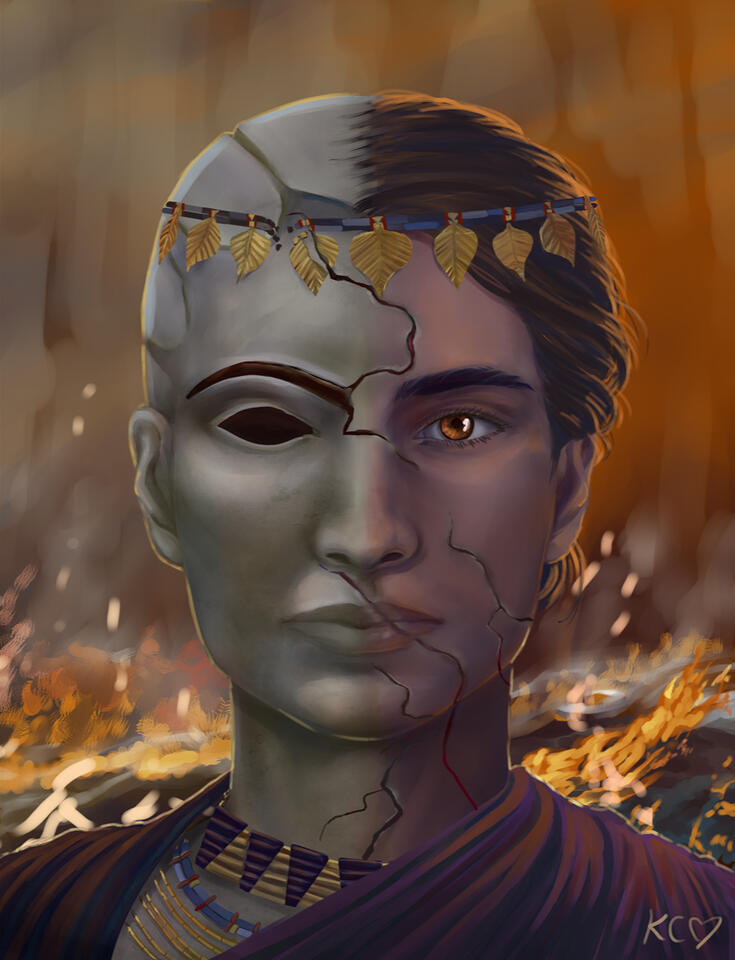 A portrait of a woman staring directly at the viewer. On the right side, her head and face are ordinary flesh and hair, but on the left side, she appears to be a stone statue. Several large cracks run across her face.