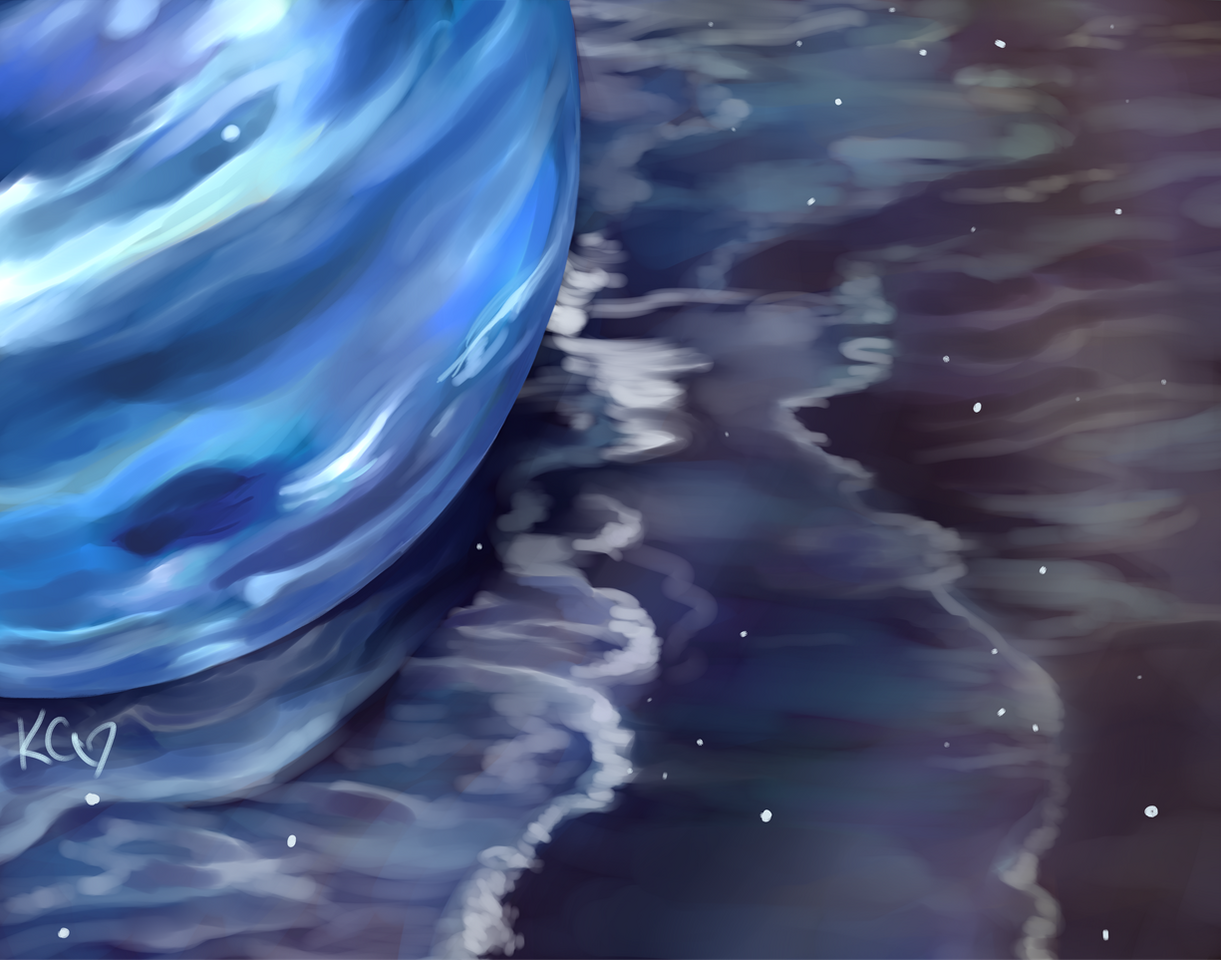 A painting of the planet Neptune resting in what simultaneously appears to be rippling ocean waves and a starry sky.