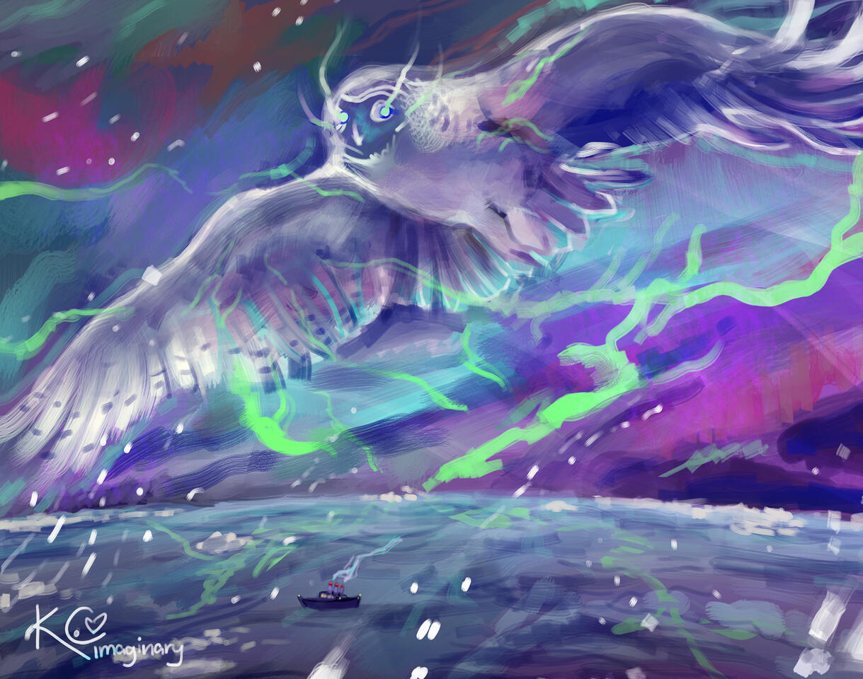 An illustration of a huge, ethereal spirit in the form of a snowy owl flying above an icy ocean, rendered in white and shades of blue and purple. The Northern Lights dance around the creature and seem to emanate from its wings and head.