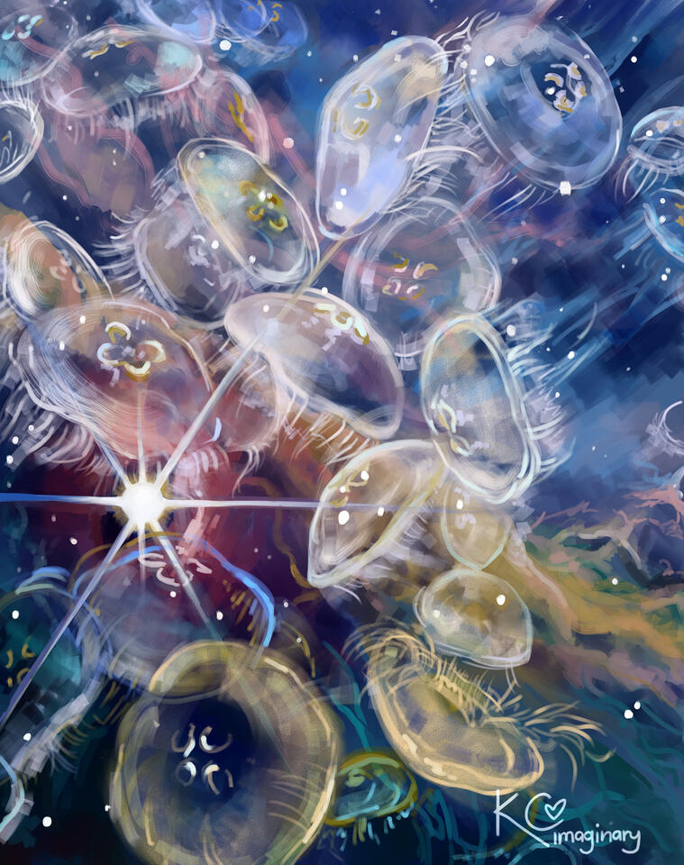 A colorful and surreal painting of a swarm of moon jellies that seem to form part of a nebula. Their translucent bodies float and drift in space as they would in the ocean. Stars glimmer from within them and around them, with a single closer, brighter star