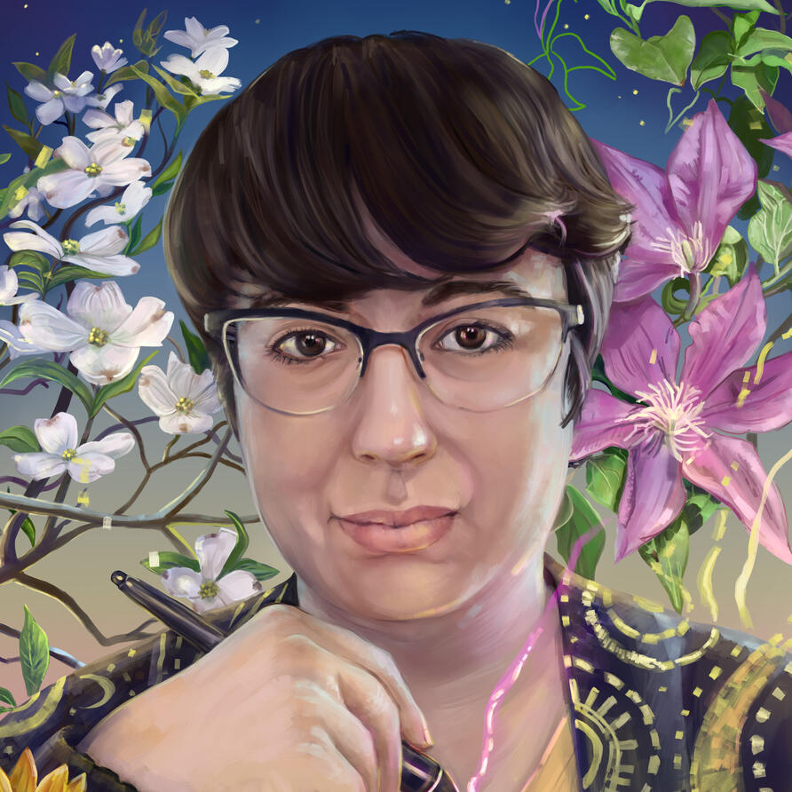 A close-up of a painting of a soft pink peony in front of a starry background.